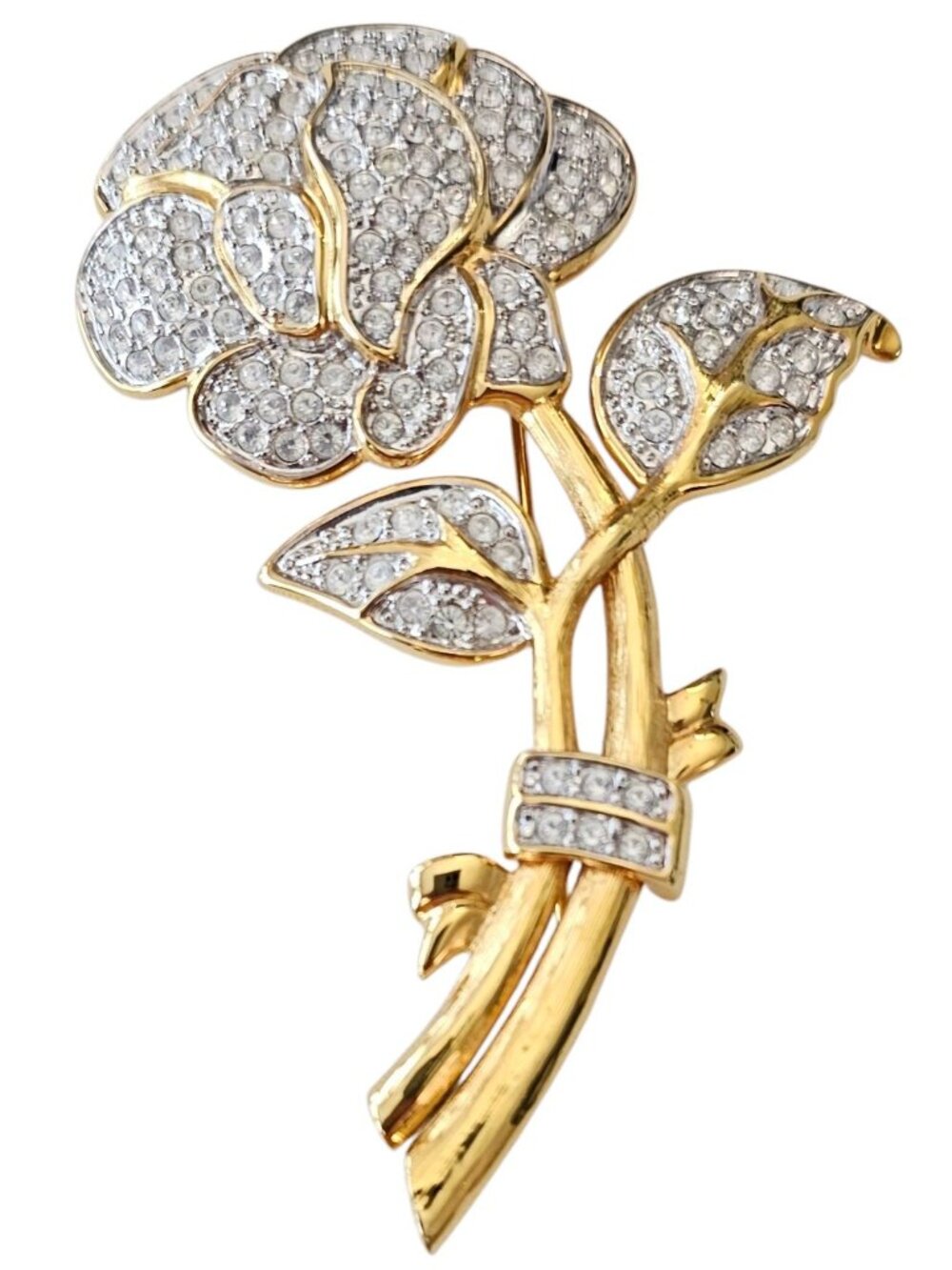 Nolan Miller Stemmed Rose Brooch, Gold Tone Clear Pave Pin Signed, J40